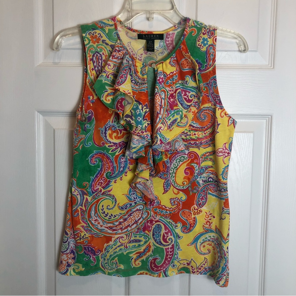 Lauren Ralph Lauren Paisley Sleeveless Ruffle Front Top  Size SP